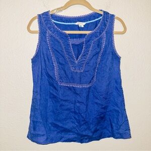 Boden Sleeveless Linen Embroidered Blue Top